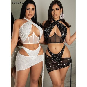  Girls Cut-Out Crystal Skirt Set Nightclub Outfits Summer Glam Halter Neck Sequin Corset Crop Top And Laced Swimwear Set